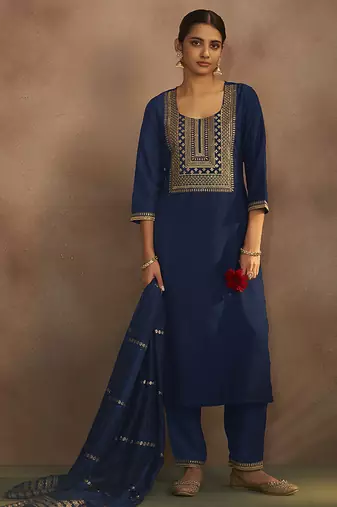 Navy blue embroidered chinnon straight kurta set with dupatta