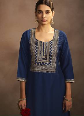 Navy blue embroidered chinnon straight kurta set with dupatta 4