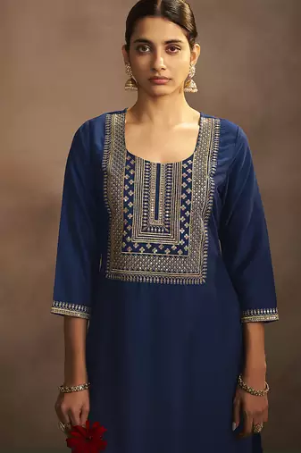 Navy blue embroidered chinnon straight kurta set with dupatta