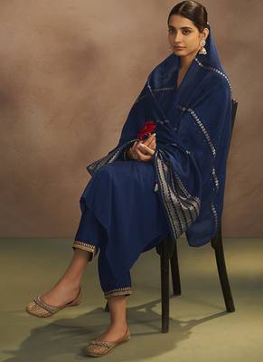 Navy blue embroidered chinnon straight kurta set with dupatta 5