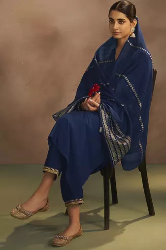 Navy blue embroidered chinnon straight kurta set with dupatta