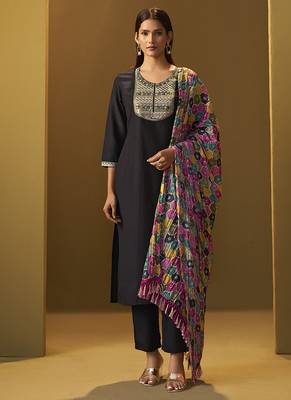 Black embroidery cotton blend straight kurta set printed dupatta set 1