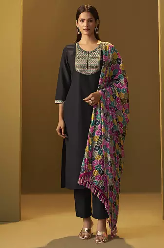 Black embroidery cotton blend straight kurta set printed dupatta set