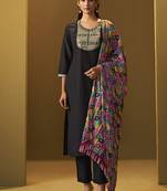 Black embroidery cotton blend straight kurta set printed dupatta set