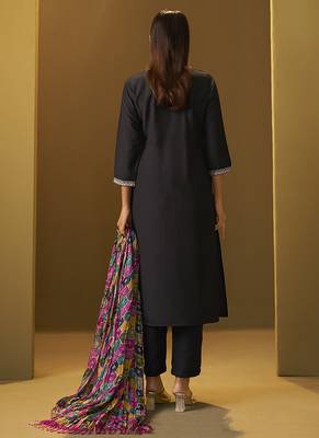 Black embroidery cotton blend straight kurta set printed dupatta set 2