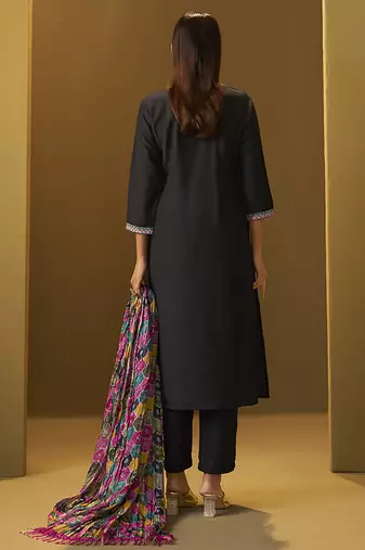 Black embroidery cotton blend straight kurta set printed dupatta set