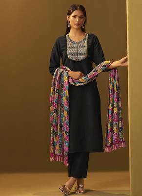 Black embroidery cotton blend straight kurta set printed dupatta set 3