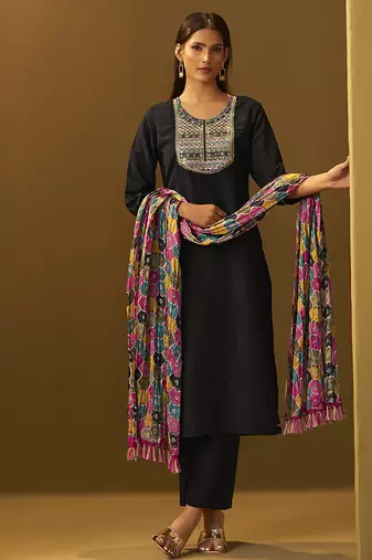Black embroidery cotton blend straight kurta set printed dupatta set