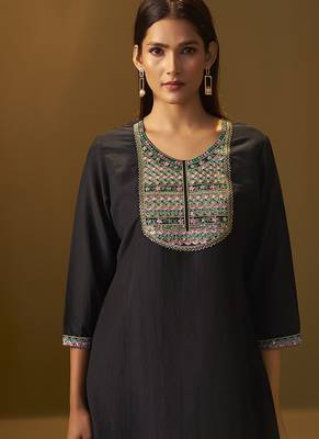 Black embroidery cotton blend straight kurta set printed dupatta set 4