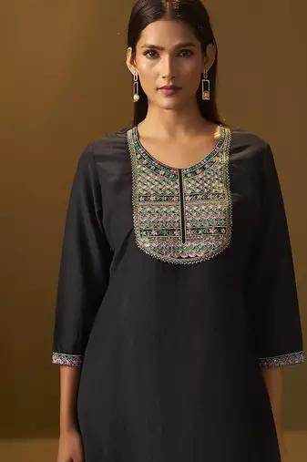 Black embroidery cotton blend straight kurta set printed dupatta set
