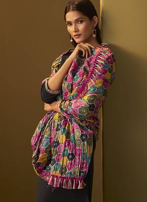 Black embroidery cotton blend straight kurta set printed dupatta set 5