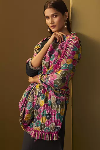Black embroidery cotton blend straight kurta set printed dupatta set