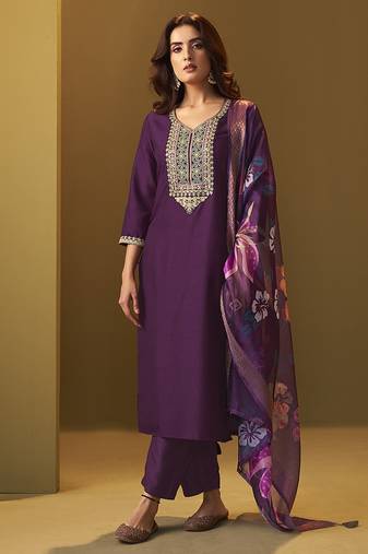 Purple embroidery cotton blend straight kurta set with printed dupatta