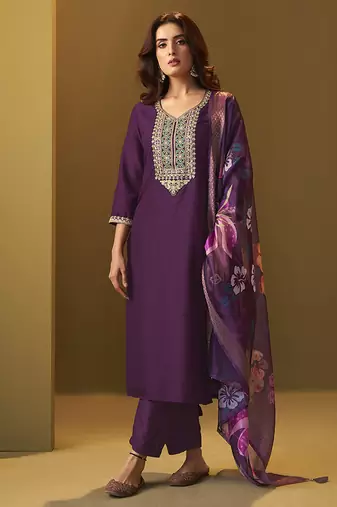 Purple embroidery cotton blend straight kurta set with printed dupatta