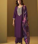 Purple embroidery cotton blend straight kurta set with printed dupatta