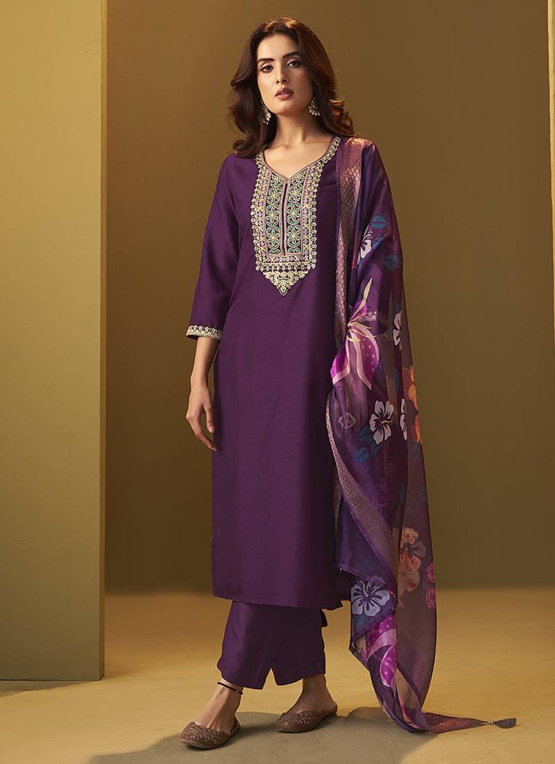 Purple embroidery cotton blend straight kurta set with printed dupatta