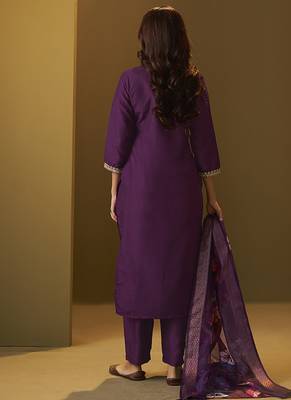 Purple embroidery cotton blend straight kurta set with printed dupatta 2
