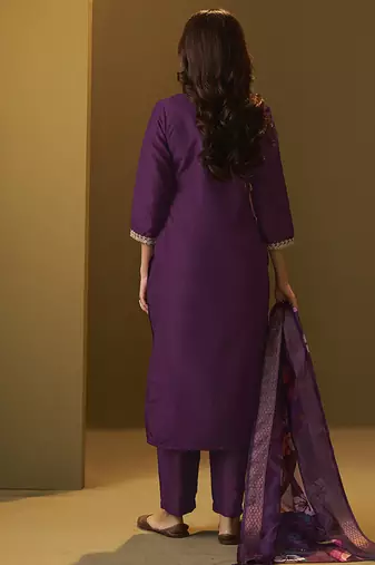 Purple embroidery cotton blend straight kurta set with printed dupatta
