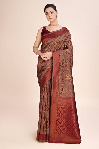 light brown banarasi art silk saree with zari weaving detailing comes with unstitched blouse piece