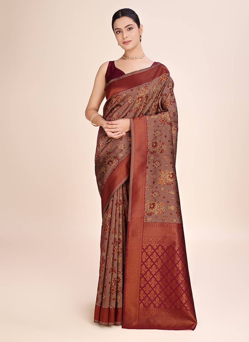 light brown banarasi silk blend saree with zari weaving detailing