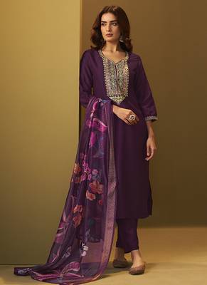 Purple embroidery cotton blend straight kurta set with printed dupatta 3