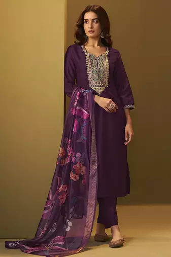 Purple embroidery cotton blend straight kurta set with printed dupatta