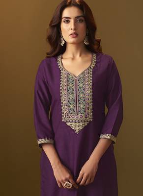 Purple embroidery cotton blend straight kurta set with printed dupatta 4