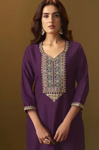 Purple embroidery cotton blend straight kurta set with printed dupatta
