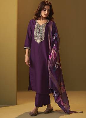Purple embroidery cotton blend straight kurta set with printed dupatta 5