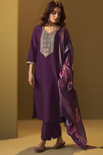 Purple embroidery cotton blend straight kurta set with printed dupatta