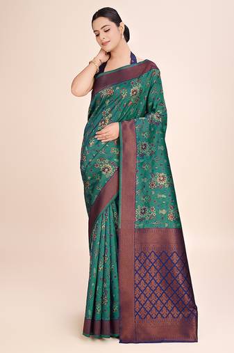 teal banarasi art silk saree with zari weaving detailing comes with unstitched blouse piece
