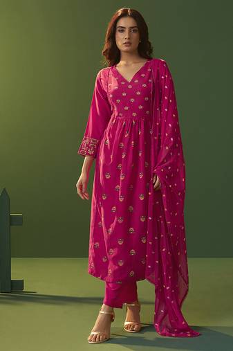 Pink printed chinnon cotton bland anarkali kurta set with printed dupatta