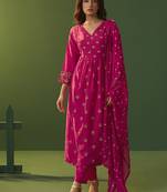 Pink printed chinnon cotton bland anarkali kurta set with printed dupatta