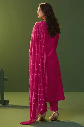 Pink printed chinnon cotton bland anarkali kurta set with printed dupatta