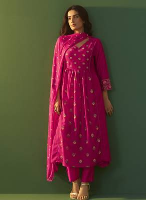 Pink printed chinnon cotton bland anarkali kurta set with printed dupatta 3