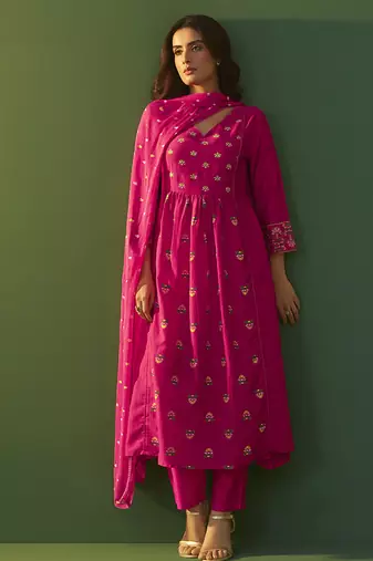 Pink printed chinnon cotton bland anarkali kurta set with printed dupatta