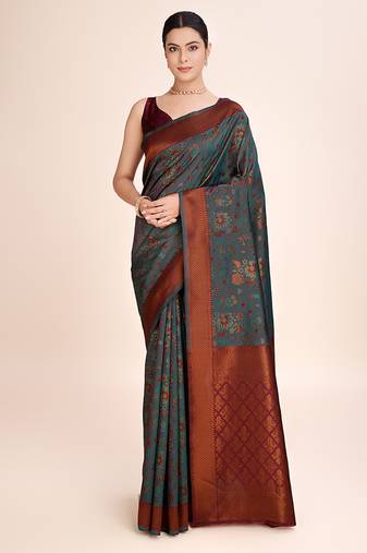 grey banarasi art silk saree with zari weaving detailing comes with unstitched blouse piece