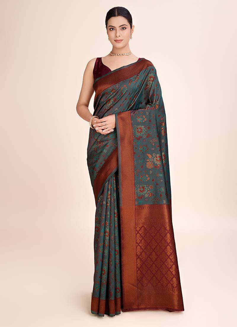 grey banarasi silk blend saree with zari weaving detailing