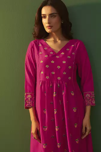 Pink printed chinnon cotton bland anarkali kurta set with printed dupatta