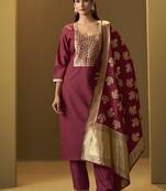 Red jacquard cotton blend jacquard straight kurta set with printed dupatta