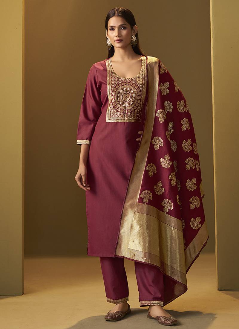 Red jacquard cotton blend jacquard straight kurta set with printed dupatta