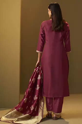 Red jacquard cotton blend jacquard straight kurta set with printed dupatta