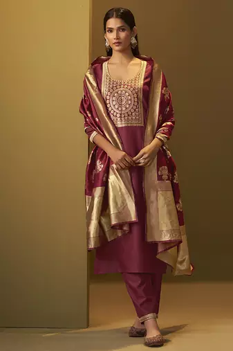 Red jacquard cotton blend jacquard straight kurta set with printed dupatta