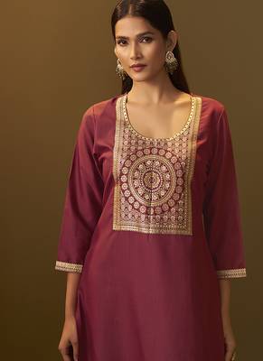 Red jacquard cotton blend jacquard straight kurta set with printed dupatta 4