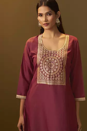 Red jacquard cotton blend jacquard straight kurta set with printed dupatta
