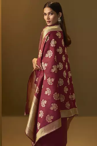 Red jacquard cotton blend jacquard straight kurta set with printed dupatta
