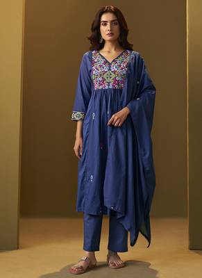 Navy blue embroidery pure cotton flared kurta set with dupatta 1