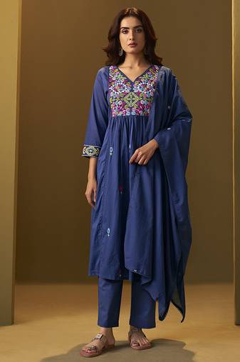 Navy blue embroidery pure cotton flared kurta set with dupatta
