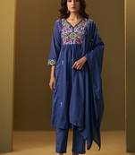 Navy blue embroidery pure cotton flared kurta set with dupatta