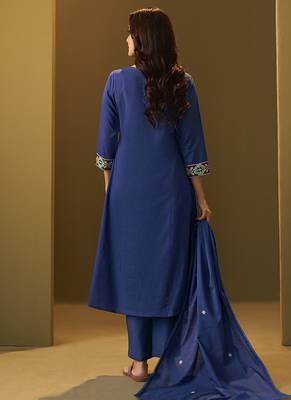 Navy blue embroidery pure cotton flared kurta set with dupatta 2